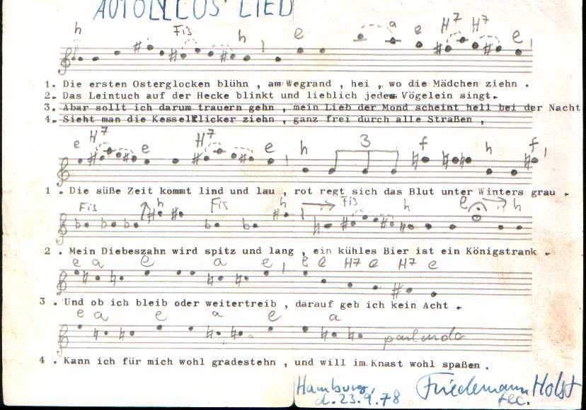 Autolycus´ Lied, Hamburg, 23. 9. 1978 (Quelle: privat)