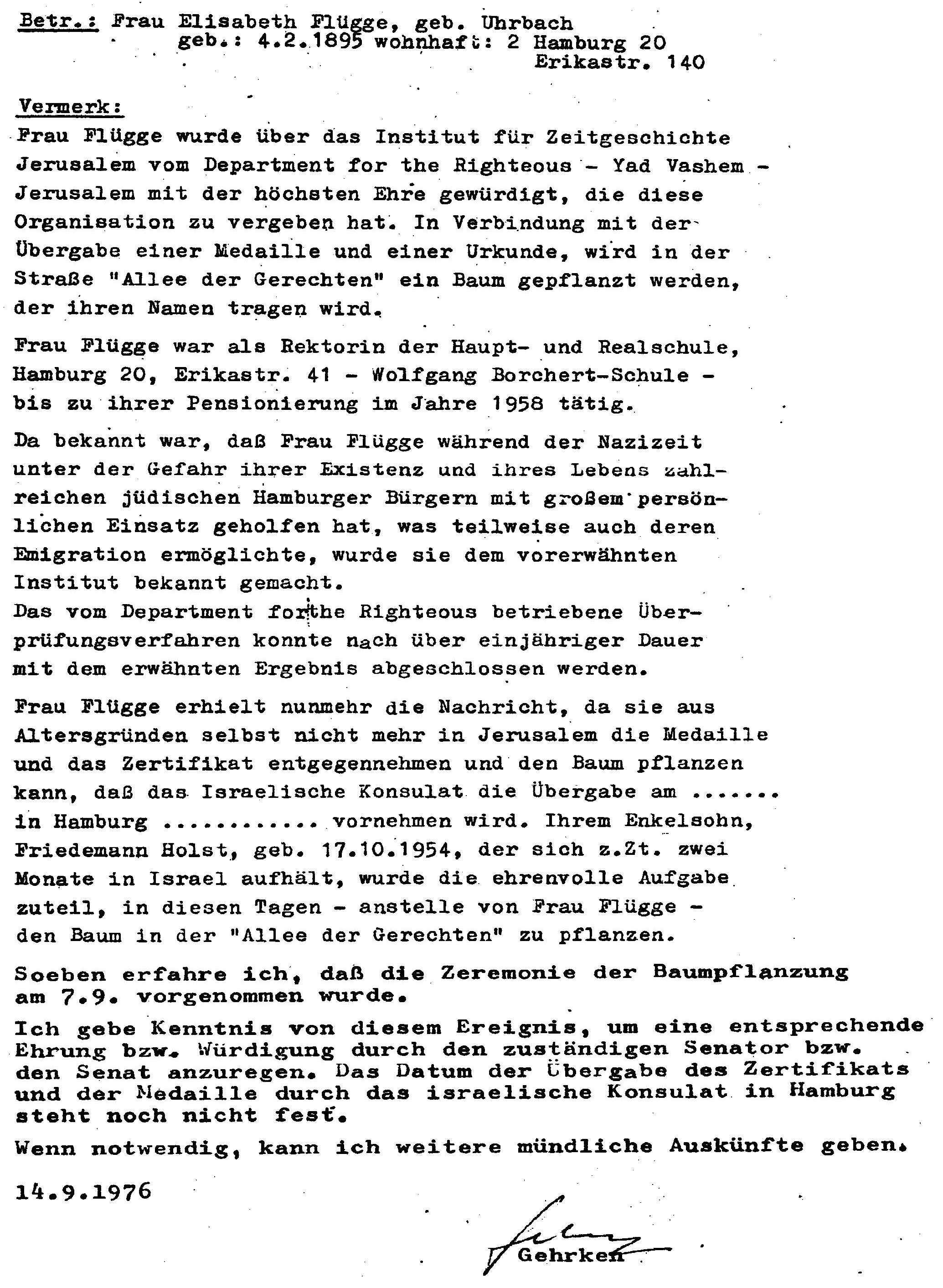 Yad Vashem - Vermerk Gehrken, Hamburg, vom 14. 9. 1976 (Quelle: Maria Holst)