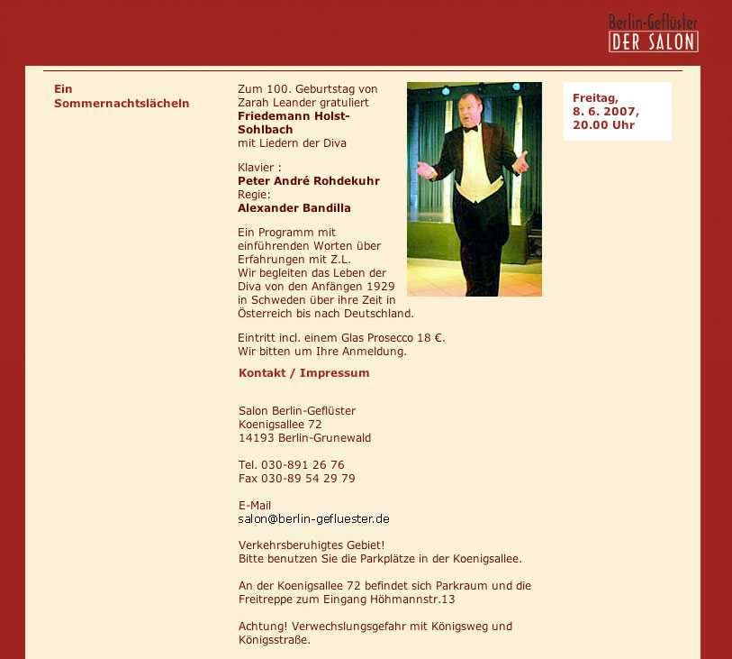 Berlin-Geflüster Der Salon, Grunewald, 8. 6. 2007 (Quelle: Teehaus im Tiergarten Webseite, Villa Limone Plakat, Laura la Risa Plakat, Ilona Merkert, Zimmer 16 Plakat, Berlin-Geflüster Der Salon Webseite)