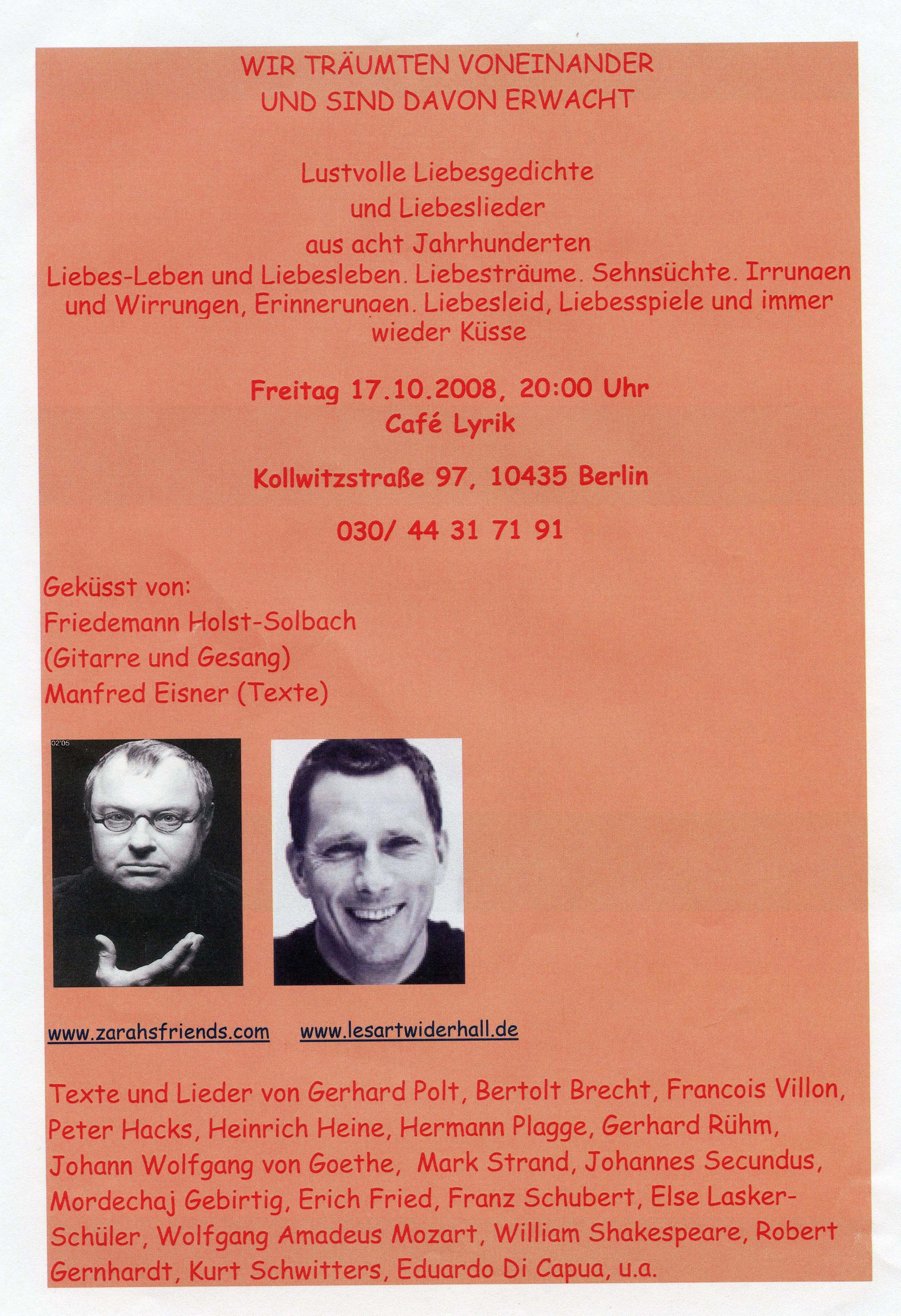 Liebesgedichte mit Manfred E., 17. 10. 2008, Café Lyrik, Berlin-Prenzlauer Berg (Quelle: Webseite Café Lyrik)